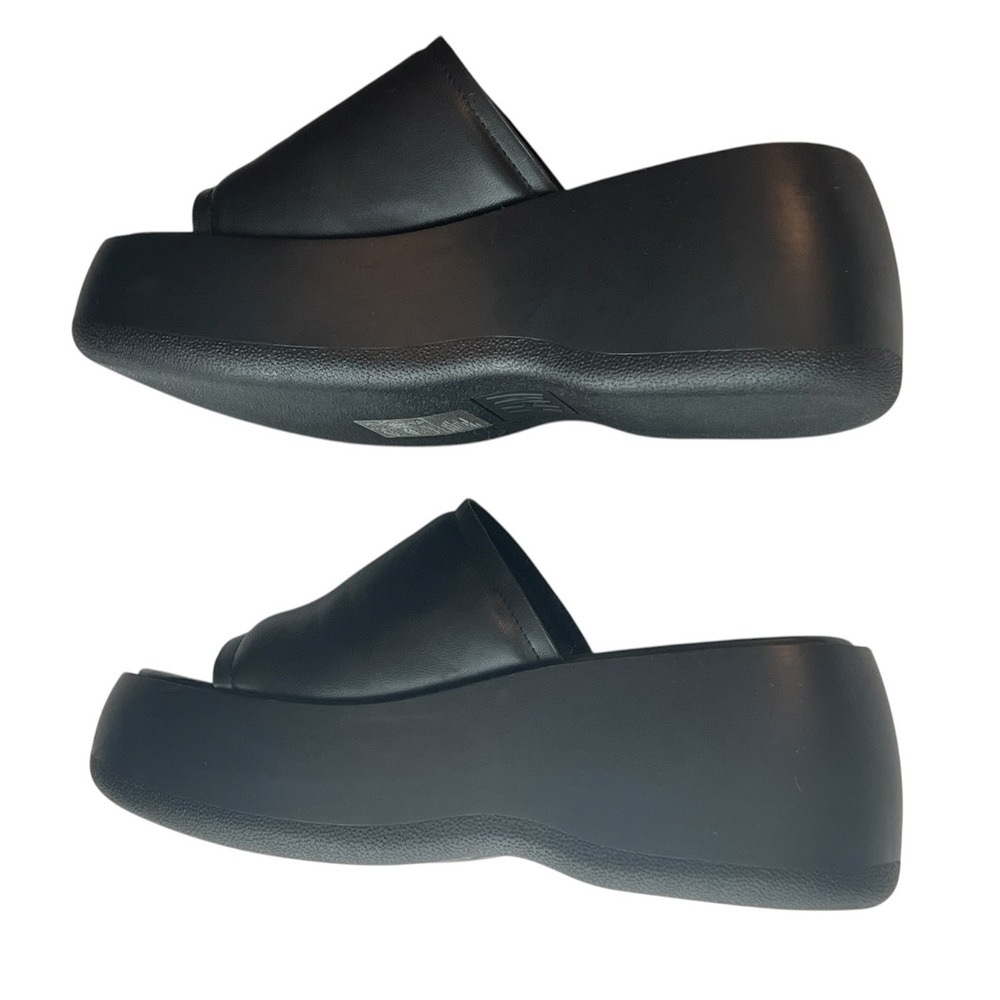 H&M Black Platform Slide Sandals‎ Chunky Wedge Slip‑On Open Toe Mules Sz 38 US 7